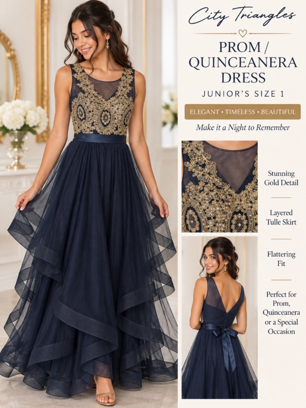 City Triangles Juniors Size 1 Navy Gold Embellished Prom Quinceañera Dress